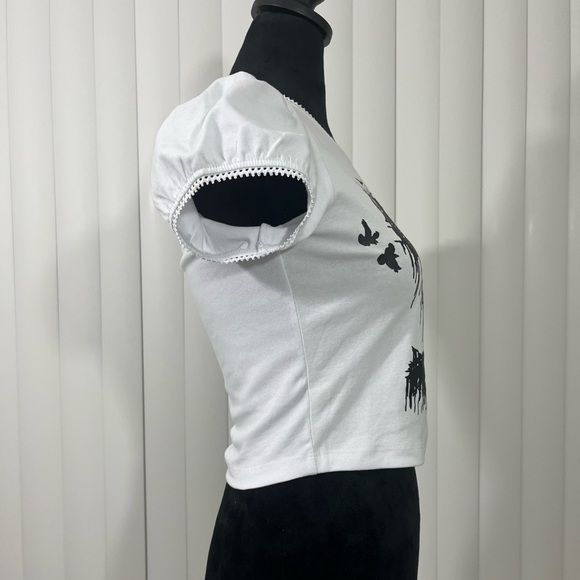 WIDOW Weeping Willow Graphic Babydoll Tee T-Shirt Puff Short Sleeve White Black - Picture 4 of 6